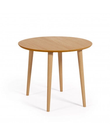 Oqui extendable round table in MDF oak veneer and solid wood legs, 90 (170) x 90 cm