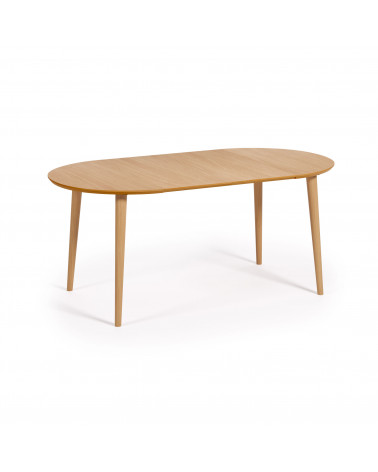 Oqui extendable round table in MDF oak veneer and solid wood legs, 90 (170) x 90 cm