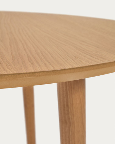 Oqui extendable round table in MDF oak veneer and solid wood legs, 90 (170) x 90 cm