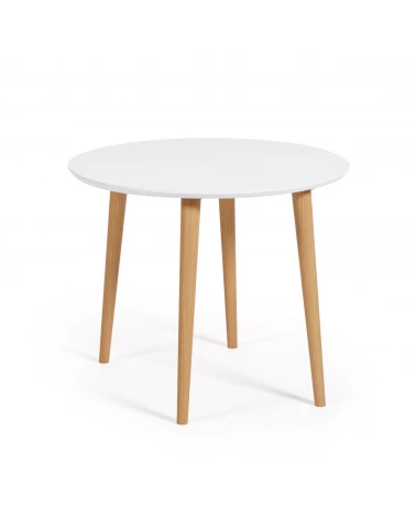 Oqui extendable round table in MDF with white lacquer and solid beech wood legs, 90 (170) x 90 cm