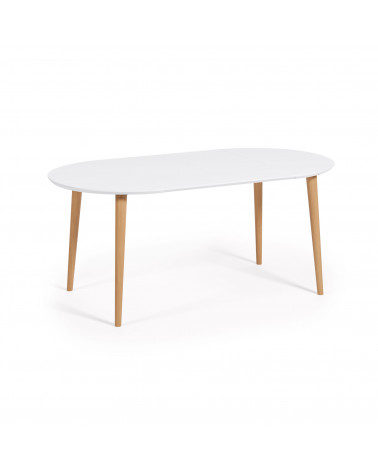 Oqui extendable round table in MDF with white lacquer and solid beech wood legs, 90 (170) x 90 cm