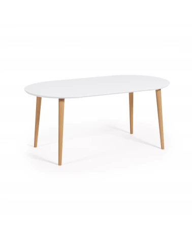 Oqui extendable round table in MDF with white lacquer and solid beech wood legs, 90 (170) x 90 cm