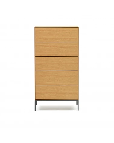 Vedrana 5 drawer chest of drawers in oak veneer with black steel legs, 60 x 114 cm