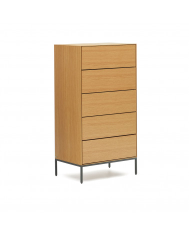 Vedrana 5 drawer chest of drawers in oak veneer with black steel legs, 60 x 114 cm