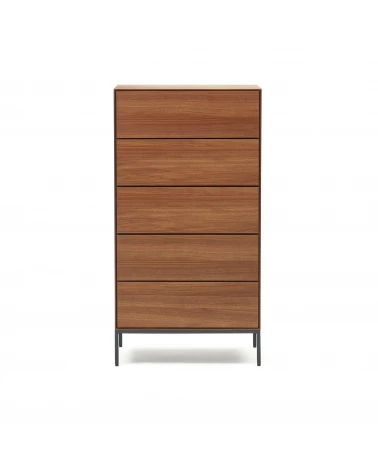 Vedrana 5 drawer chest of drawers in walnut veneer with black steel legs, 60 x 114 cm