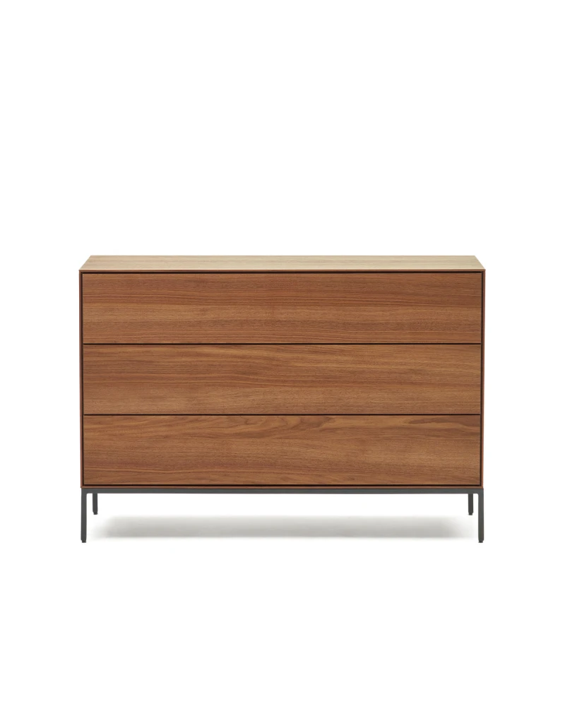 Vedrana 3 drawer chest of drawers in walnut veneer with black steel legs, 110 x 75 cm