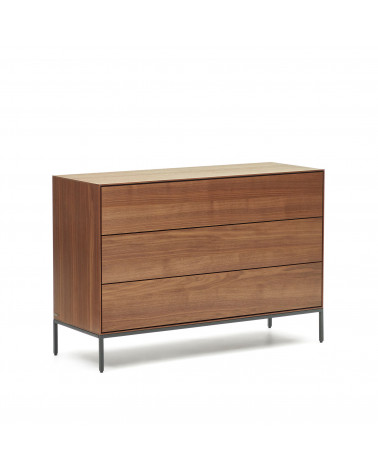 Vedrana 3 drawer chest of drawers in walnut veneer with black steel legs, 110 x 75 cm