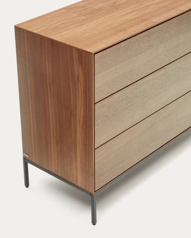 Vedrana 3 drawer chest of drawers in walnut veneer with black steel legs, 110 x 75 cm