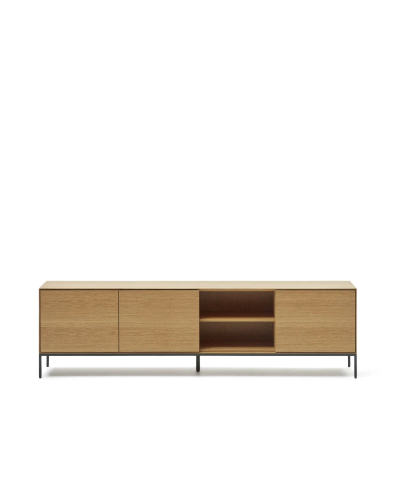 Vedrana 3 drawer TV stand in oak veneer with black steel legs, 195 x 55 cm