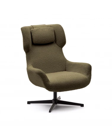 Zalina swivel armchair in dark green shearling and steel with black finish