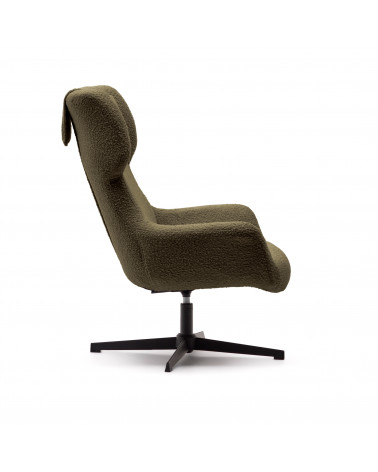 Zalina swivel armchair in dark green shearling and steel with black finish