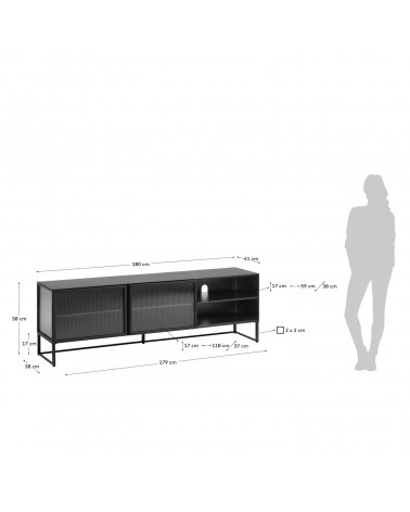 Trixie steel TV stand with 2 doors in a black painted finish, 180 x 50 cm