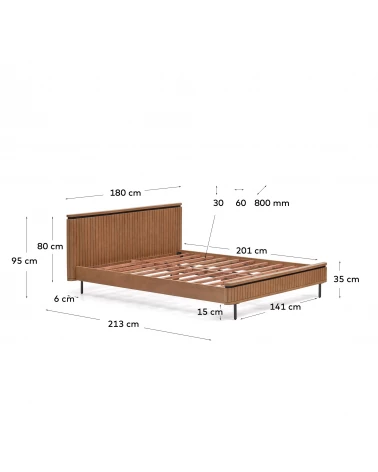 Licia bed made from solid mango wood and black painted metal, for a 160 x 200 cm mattress