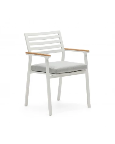 Bona aluminium stackable garden chair with a white finish and solid teak wood armrests