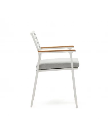 Bona aluminium stackable garden chair with a white finish and solid teak wood armrests