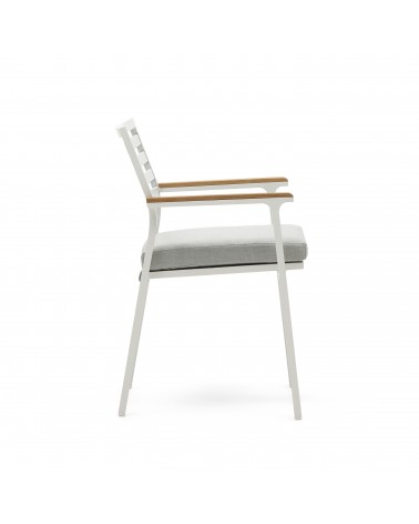 Bona aluminium stackable garden chair with a white finish and solid teak wood armrests