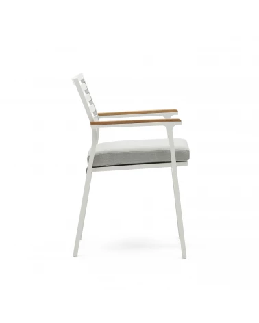 Bona aluminium stackable garden chair with a white finish and solid teak wood armrests