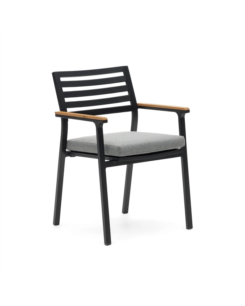 Bona stackable aluminium garden chair with a black finish and solid teak wood armrests