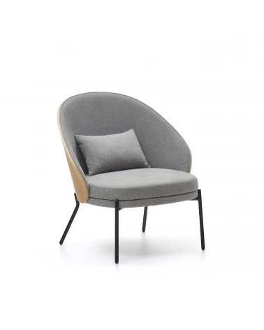 Eamy light grey armchair in an ash wood veneer with a natural finish and black metal