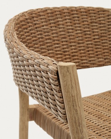 Pola 100% outdoor stackable chair in solid eucalyptus and faux-rattan with a natural finish, FSC