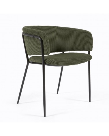 Runnie chair made from dark green wide seam corduroy and steel legs with black finish