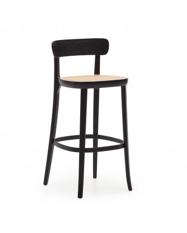 Romane beechwood stool with a black finish, ash wood veneer and ratan seat height 75 cm