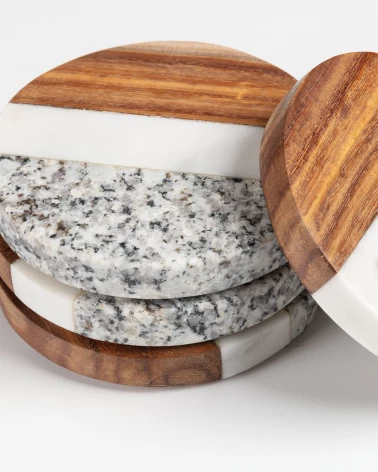 Cataleg set 4 round coasters white grey marble and mango