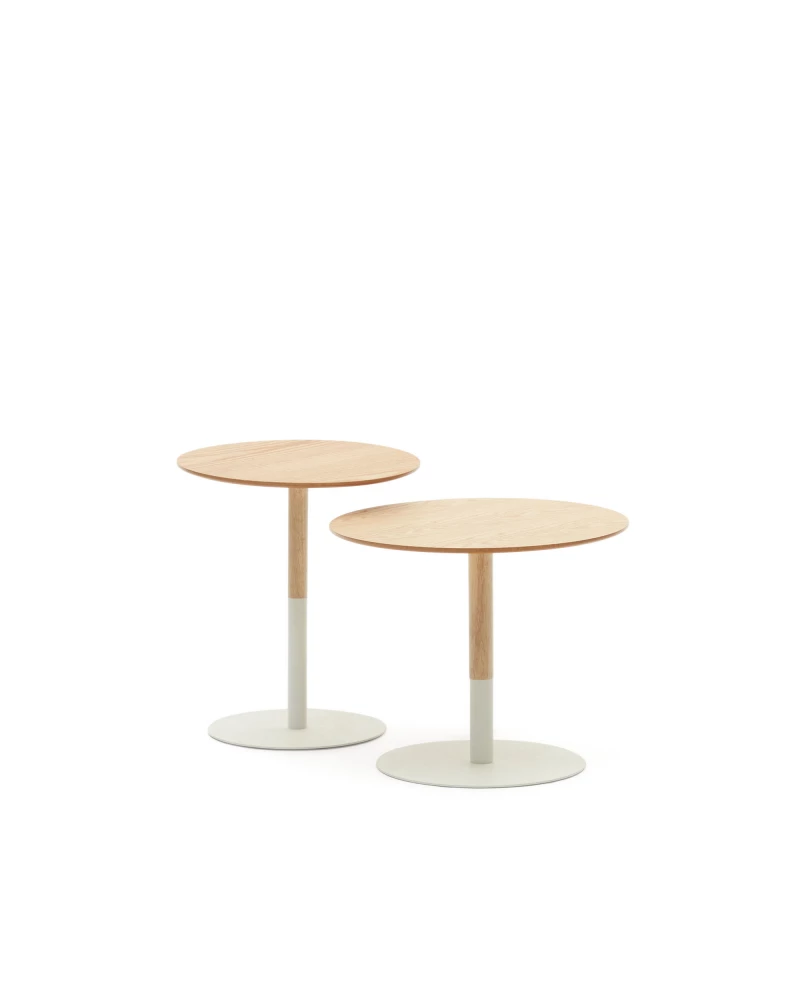 Watse set of 2 side tables in oak wood veneer and matte white metal, Ă 40 cm/Ă 48 cm