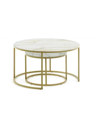 Set of 2 Leonor glass side tables in white and golden steel structure Ă 80 cm / Ă 50 cm