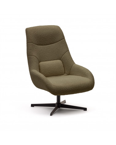 Celida swivel armchair in dark green shearling and steel with black finish