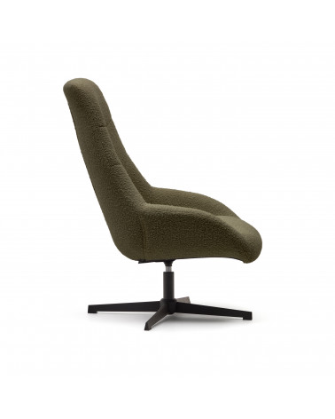 Celida swivel armchair in dark green shearling and steel with black finish