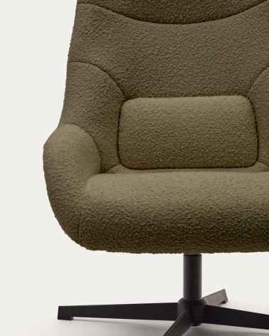 Celida swivel armchair in dark green shearling and steel with black finish