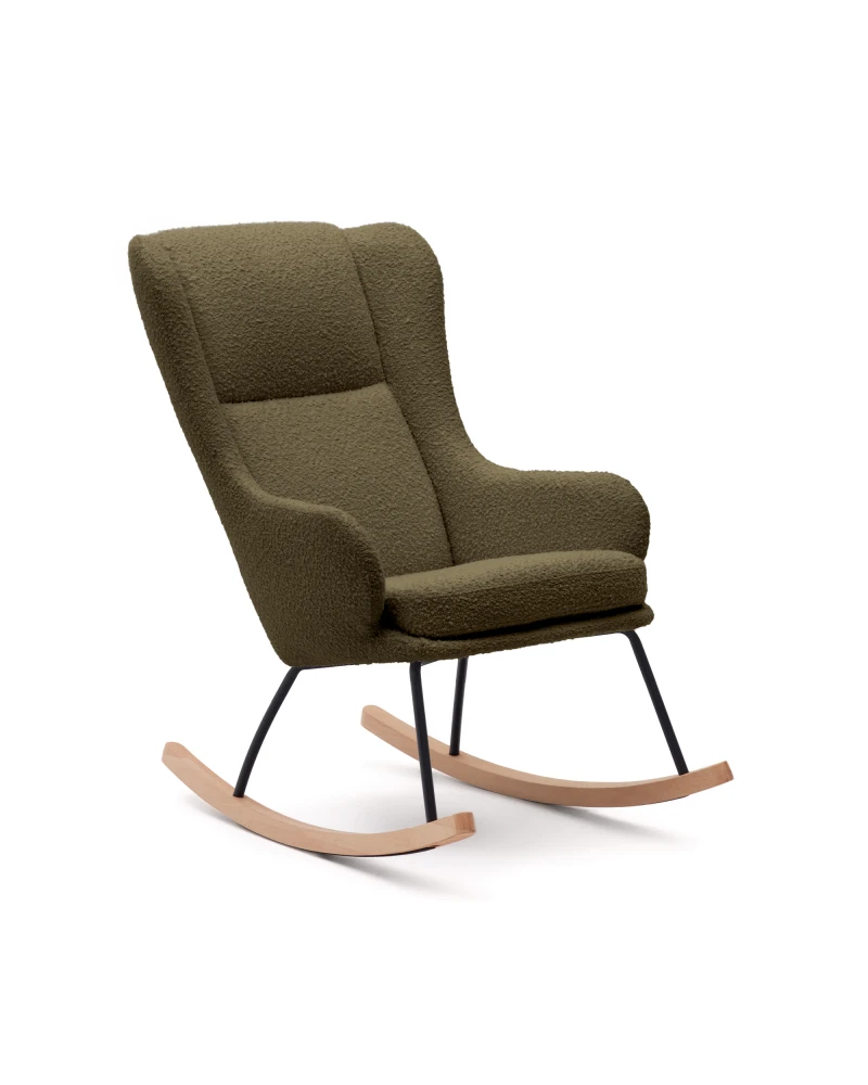 Maustin rocking chair in white shearling with a dark green steel structure and beech wood