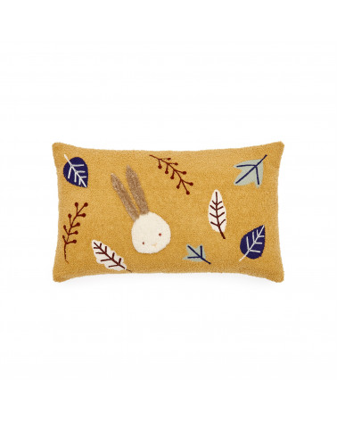 Yanil cushion cover in mustard fleece with multicolour embroidered leaves, 30 x 50 cm