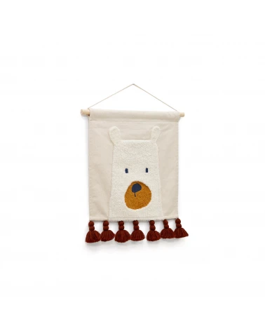 Zelda white cotton bear and tassel wall hanging with terracotta tassels, 40 x 40 cm