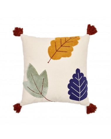 Zelda white cushion cover with multicolour embroidered leaves and terracotta tassels, 45 x 45 cm