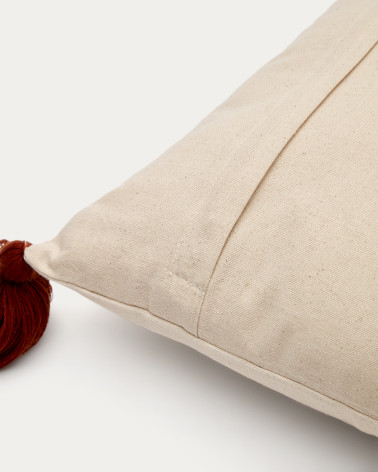 Zelda white cushion cover with multicolour embroidered leaves and terracotta tassels, 45 x 45 cm